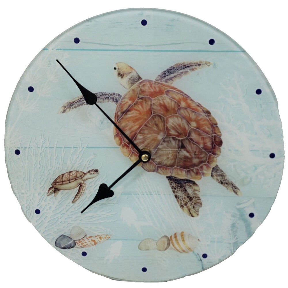 Glass Decorative Wall Clock, 12", SEALIFE, SEA TURTLES & SEA SHELLS